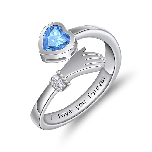HMOOY Umarmung Ringe für Frauen, versilbert Umarmung Hände Ring einstellbar Zirkonia Hug Open Snake Ring eingraviert Ich liebe dich für immer Engagement Daumen Ring Damen Freundschaft Geschenke (Blau) von HMOOY