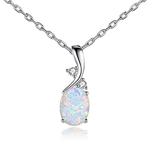 HMOOY Versilbert Erstellt Edelstein Birthstone Blue Oval Opal Anhänger Halskette Für Frauen Mutter Mädchen (Silver) von HMOOY