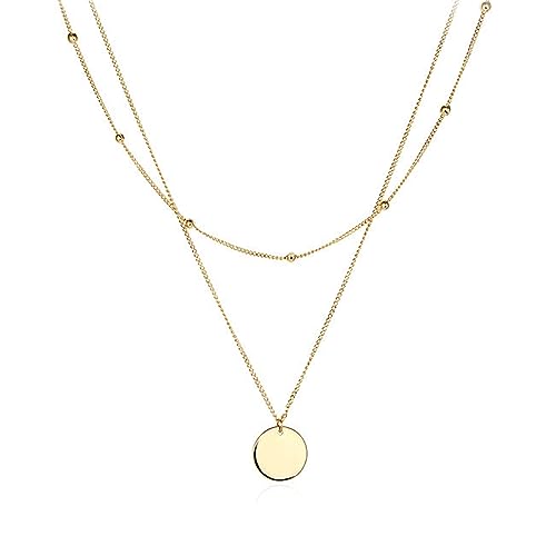 HMOOY Women's Layered Necklace Silver/Gold Plate Chain Double Multilayer Necklace with Coin Round Pendant, Copper,2 Layered-Gold von HMOOY