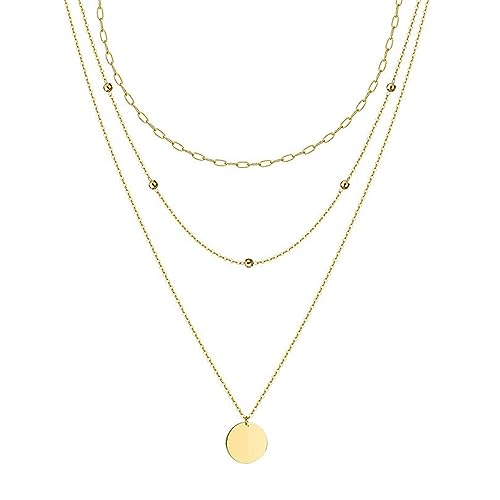 HMOOY Women's Layered Necklace Silver/Gold Plate Chain Double Multilayer Necklace with Coin Round Pendant, Copper,3 Layered-Gold von HMOOY