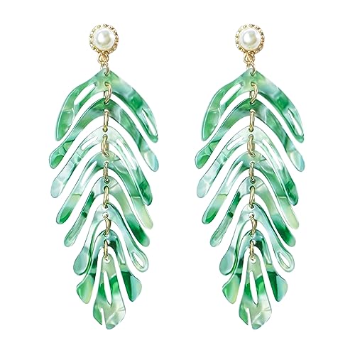 Palm Leaf Earrings for Women, Cute Plant, Pearl Acrylic Dangle Hypoallergenic, Tropical Tree Statement Drop Earrings, Bohemian Feather Studs, Jewelry Gifts,Green von HMOOY