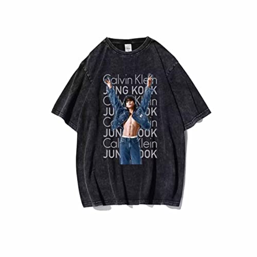 Jungkook Merch T-Shirt Vintage Distressed Decolor schmutzig beliebtes Baumwollschwarzes loseres T-Shirt für Fans B-L von HMRS