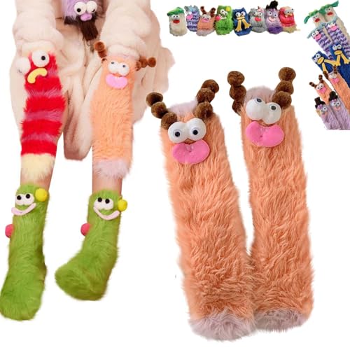 HMRigbly Warme, gemütliche, flauschige Cartoon-Monster-Socken, Korallensamt, dreidimensionale, witzige Wintersocken, flauschige Wintersocken, warme gemütliche Socken für Damen, Orange, One size von HMRigbly