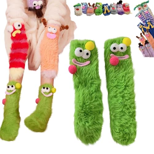 HMRigbly Warme, gemütliche, flauschige Cartoon-Monster-Socken, Korallensamt, dreidimensionale, witzige Wintersocken, flauschige Wintersocken, warme gemütliche Socken für Damen, grün, One size von HMRigbly