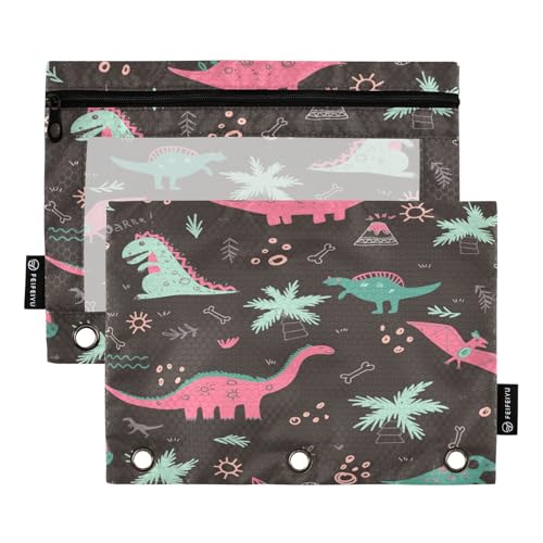 Federmäppchen für 3-Ring-Ordner, Dinosaurier-Palmen-Tasche mit Reißverschluss, Stiftehalter mit transparentem Fenster, Schule, Klasse, Büro, 2 Stück, multi von HMZXZ