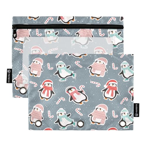 Federmäppchen für 3-Ring-Ordner, Weihnachten, niedliche Cartoon-Pinguin-Taschen mit Reißverschluss, Stiftehalter mit transparentem Fenster, Schule, Klasse, Büro, 2 Stück, multi von HMZXZ