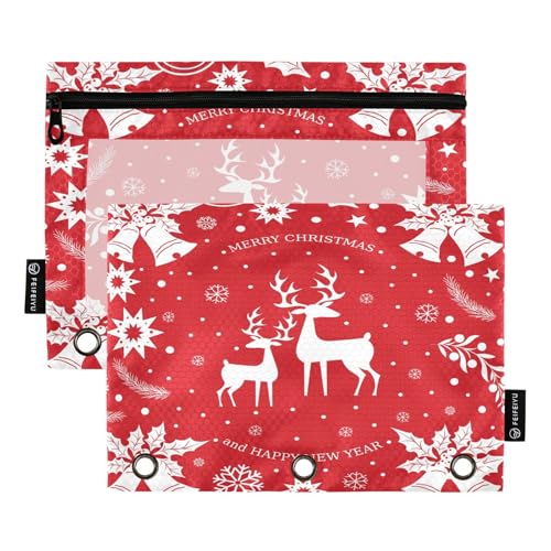 Federmäppchen für 3-Ring-Ordner, Weihnachts-Hirsch-Schneeflocken-Beutel mit Reißverschluss, Stiftehalter mit transparentem Fenster, Schule, Klasse, Büro, 2 Stück, multi von HMZXZ