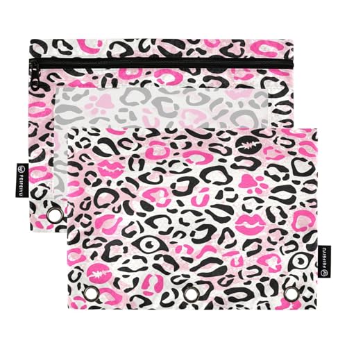 Federmäppchen für 3-Ringbuch, küssende Lippen, Leopardenleder, mit Reißverschluss, Stiftehalter mit transparentem Fenster, Schule, Klasse, Büro, 2 Stück, multi Federmäppchen für 3-Ringbuch, küssende Lippen, Leopardenleder, mit Reißverschluss, Stiftehalter mit transparentem Fenster, Schule, Klasse, Büro, 2 Stück, multi von HMZXZ