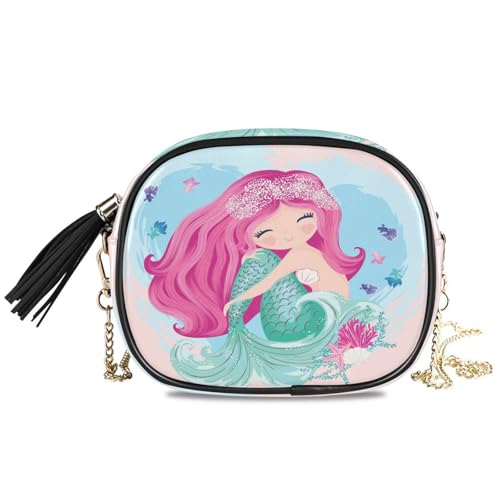 HMZXZ Crossbody-Tasche mit Meeres-Meerjungfrauen, Fischmuscheln, kleine Handtasche, Geldbörse, Rosa, Blau, Meerjungfrauenschuppen, PU-Leder, Schultertasche, Organizer, Kettentasche für Damen und von HMZXZ