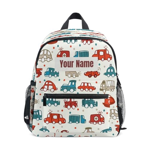 HMZXZ Custom Kids Kleinkind Mini Rucksack für Mädchen Jungen Auto Muster Personalisierte Kinderrucksäcke Niedliche Fahrzeug Schultasche mit Kind Name/Text, multi von HMZXZ