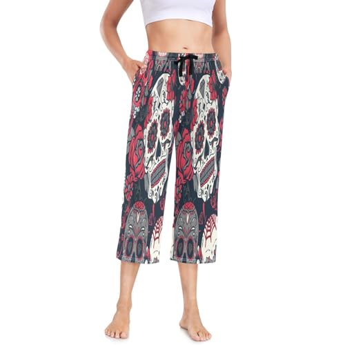 HMZXZ Damen Pyjamahose Bunt Zucker Schädel Blumen 3/4 Lang Damen Schlafanzughose Pyjamahose Nachtwäsche Schlafhose Tag der Toten von HMZXZ