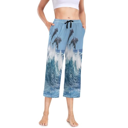 HMZXZ Damen Pyjamahose Meer Delfin Muster 3/4 Lang Damen Schlafanzughose Pyjamahose Nachtwäsche Schlafhose Ozean Delfins von HMZXZ