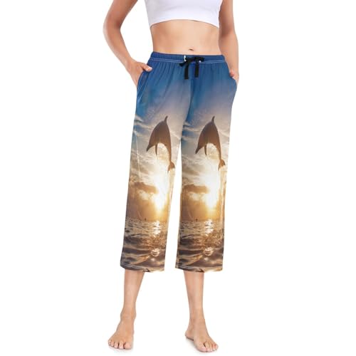 HMZXZ Damen Pyjamahose Meer Delfin Sprünge Sonnenuntergang 3/4 Lang Damen Schlafanzughose Pyjamahose Nachtwäsche Schlafhose Ozean von HMZXZ