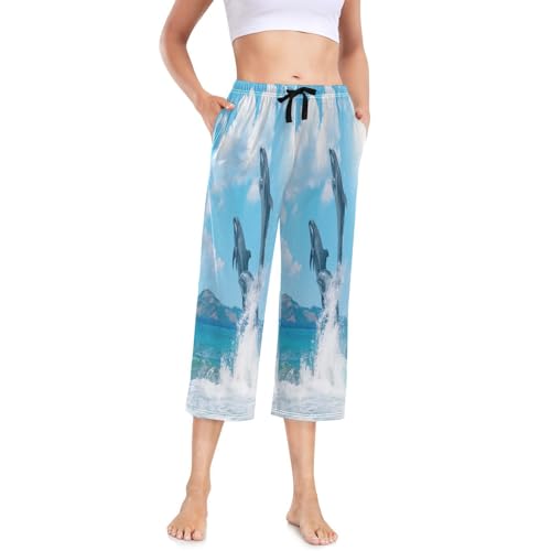 HMZXZ Damen Pyjamahose Meer Delfins Springen 3/4 Lang Damen Schlafanzughose Pyjamahose Nachtwäsche Schlafhose Ozean Delfin von HMZXZ