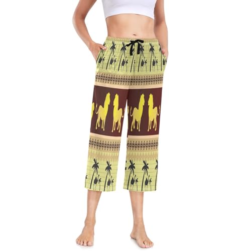 HMZXZ Damen Pyjamahose afrikanisch Löwen Kamele 3/4 Lang Damen Schlafanzughose Pyjamahose Nachtwäsche Schlafhose Karikatur Tier von HMZXZ