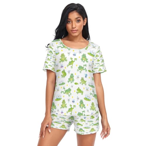HMZXZ Damen Schlafanzug-Set Frosch Lotus Blatt Sommer Pyjama Woman Set,Grün Frosch Loungewear und Shorts Lounge Set Sleepwear Nachtwäsche von HMZXZ