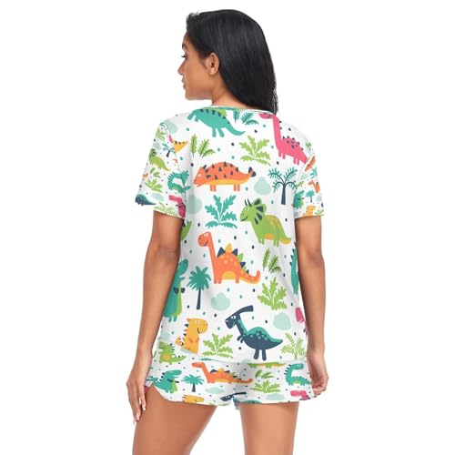 HMZXZ Damen Schlafanzug-Set Tropisch Dinosaurier Palme Baum Sommer Pyjama Woman Set,Tier Dino Loungewear und Shorts Lounge Set Sleepwear Nachtwäsche von HMZXZ