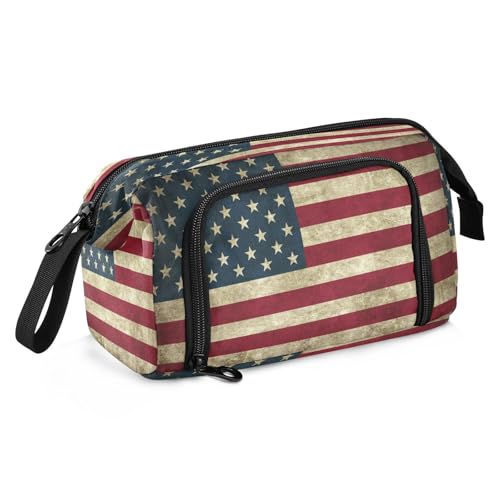 HMZXZ Großes Federmäppchen für Mädchen und Jungen, Vintage-Stil, Amerika-Flagge, Federmäppchen für Schulbedarf, Büro, Schreibwaren, Organizer, Federmäppchen, USA-Flagge für Erwachsene und Frauen von HMZXZ