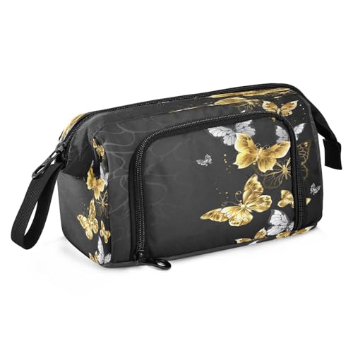 HMZXZ Großes Federmäppchen für Mädchen und Jungen, schwarz-goldfarben, Schmetterlings-Motiv, für Schulbedarf, Büro, Schreibwaren, Organizer, Federmäppchen, Tier, Vintage, für Erwachsene und Frauen von HMZXZ