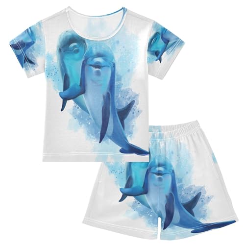 HMZXZ Kinder Kurze Pyjama-Set Aquarell Delfin Mädchen Jungen Schlafanzug Set Baumwolle Sommer Nachtwäsche-Set Delfin Tiere von HMZXZ