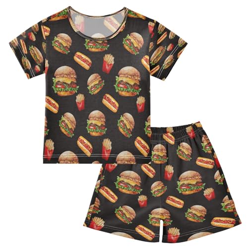 HMZXZ Kinder Kurze Pyjama-Set Aquarell Essen Painting Mädchen Jungen Schlafanzug Set Baumwolle Sommer Nachtwäsche-Set Hamburger Fritten von HMZXZ