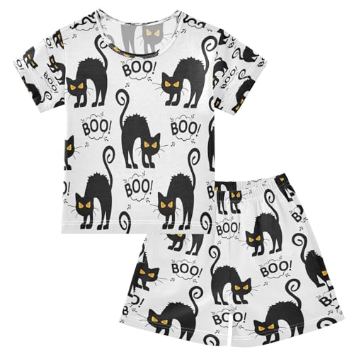 HMZXZ Kinder Kurze Pyjama-Set Glücklich Halloween Katze Mädchen Jungen Schlafanzug Set Baumwolle Sommer Nachtwäsche-Set Niedlich Kitty von HMZXZ