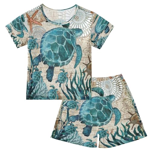 HMZXZ Kinder Kurze Pyjama-Set Jahrgang Schildkröte Seestern Mädchen Jungen Schlafanzug Set Baumwolle Sommer Nachtwäsche-Set Blumen Boho von HMZXZ