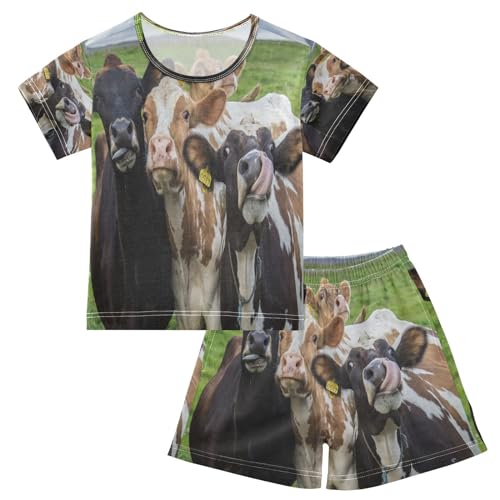 HMZXZ Kinder Kurze Pyjama-Set Kühe Grün Gras Frühling Mädchen Jungen Schlafanzug Set Baumwolle Sommer Nachtwäsche-Set Schwarz Weiß Tier von HMZXZ
