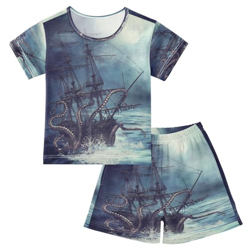 HMZXZ Kinder Kurze Pyjama-Set Meer Pirat Stiefel Mädchen Jungen Schlafanzug Set Baumwolle Sommer Nachtwäsche-Set Ozean Schiff von HMZXZ