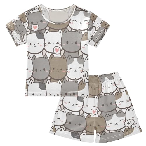 HMZXZ Kinder Kurze Pyjama-Set Niedlich Katze Kopf Mädchen Jungen Schlafanzug Set Baumwolle Sommer Nachtwäsche-Set Tiere Kitten von HMZXZ