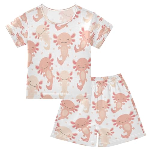 HMZXZ Kinder Kurze Pyjama-Set Niedlich Kawaii Axolotl Mädchen Jungen Schlafanzug Set Baumwolle Sommer Nachtwäsche-Set Karikatur Tier von HMZXZ