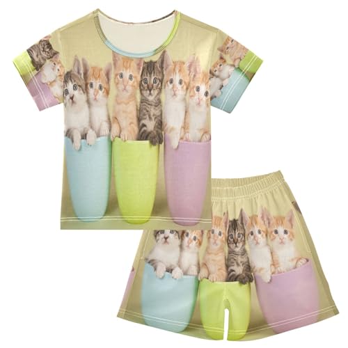 HMZXZ Kinder Kurze Pyjama-Set Niedlich Kittens Katze Mädchen Jungen Schlafanzug Set Baumwolle Sommer Nachtwäsche-Set Tiere Kitty Niedlich von HMZXZ