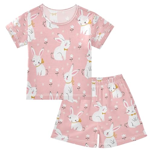 HMZXZ Kinder Kurze Pyjama-Set Niedlich Weiß Hase Mädchen Jungen Schlafanzug Set Baumwolle Sommer Nachtwäsche-Set Kaninchen Rosa von HMZXZ