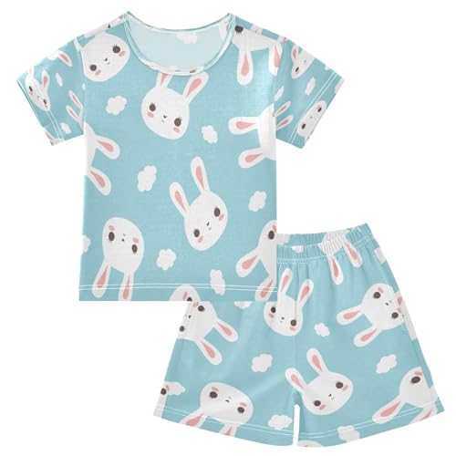 HMZXZ Kinder Kurze Pyjama-Set Weiß Hase Mädchen Jungen Schlafanzug Set Baumwolle Sommer Nachtwäsche-Set Niedlich Tier von HMZXZ