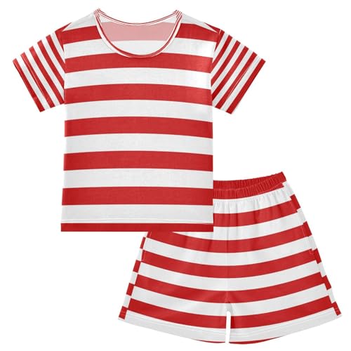 HMZXZ Kinder Kurze Pyjama-Set Weiß Rot Horizontal Linien Mädchen Jungen Schlafanzug Set Baumwolle Sommer Nachtwäsche-Set Streifen von HMZXZ