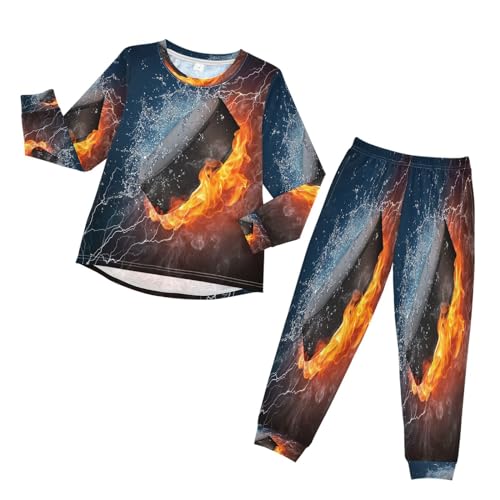 HMZXZ Kinder Schlafanzug-Set Ball Eishockey Puck Feuer Wasser Pyjama Set,Langarm Spitze Hose Loungewear Sleepwear Nachtwäsche Eishockey Puck for Jungen Mädchen von HMZXZ