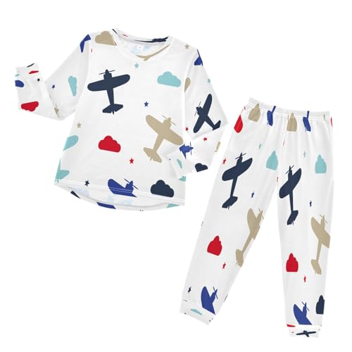 HMZXZ Kinder Schlafanzug-Set Bunt Flugzeuge Sterne Pyjama Set,Langarm Spitze Hose Loungewear Sleepwear Nachtwäsche Flugzeug for Jungen Mädchen von HMZXZ