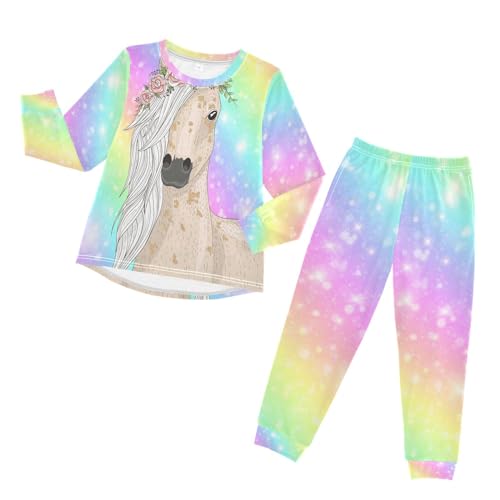 HMZXZ Kinder Schlafanzug-Set Regenbogen Pferd Pyjama Set,Langarm Spitze Hose Loungewear Sleepwear NachtwäscheTier-Marmorierung for Jungen Mädchen von HMZXZ