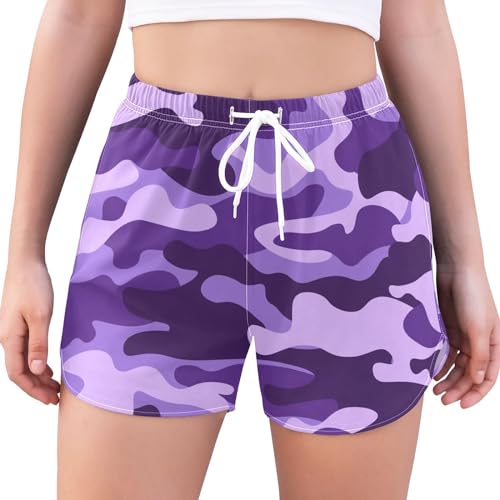 HMZXZ Lila Camo Damen Badeshorts Badehose Sports Gym Shorts,Militär Tarnung Lässig Schwimmhose Kurze Boardshorts für Strand Surf Beach von HMZXZ