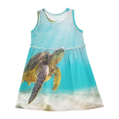 HMZXZ Mädchen Kleider Aquarell Meer Schildkröte Ärmellos Kleid Sommerkleid Baumwolle Casual Kleid für 2-8 Jahre Ozean Tier von HMZXZ
