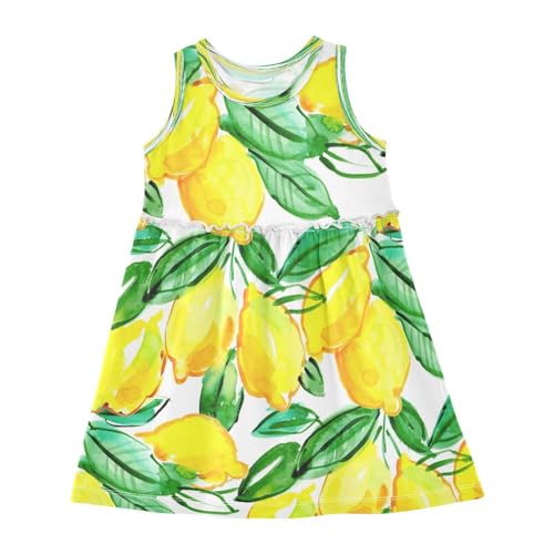 HMZXZ Mädchen Kleider Aquarell Obst Zitrone Ärmellos Kleid Sommerkleid Baumwolle Casual Kleid für 2-8 Jahre Sommer Blätter von HMZXZ