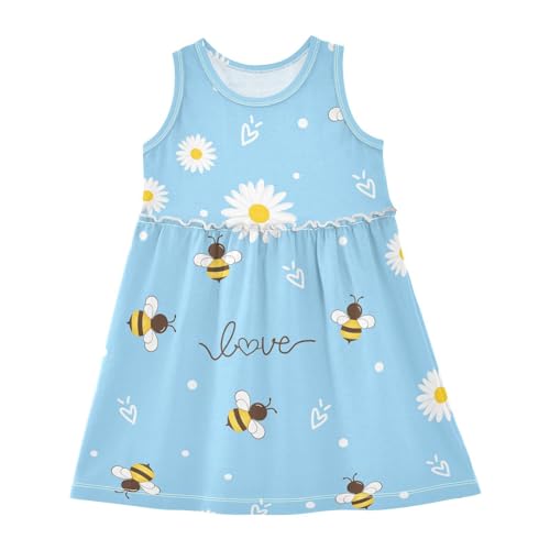 HMZXZ Mädchen Kleider Gänseblümchen Biene Liebe Ärmellos Kleid Sommerkleid Baumwolle Casual Kleid für 2-8 Jahre Honigwabe Blumen Gelb von HMZXZ