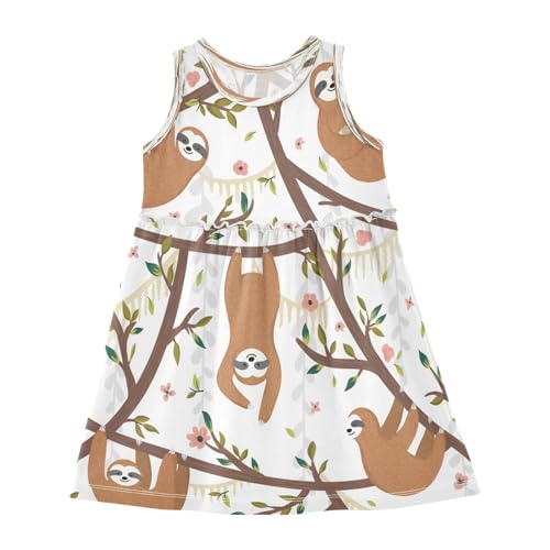 HMZXZ Mädchen Kleider Lustig Faultier Blume Blätter Ärmellos Kleid Sommerkleid Baumwolle Casual Kleid für 2-8 Jahre Tier Blumen von HMZXZ