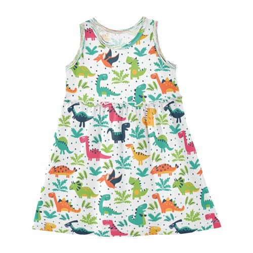HMZXZ Mädchen Kleider Lustig Tropisch Dinosaurier Palme Blätter Ärmellos Kleid Sommerkleid Baumwolle Casual Kleid für 2-8 Jahre Tier Dino von HMZXZ