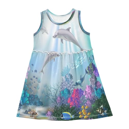 HMZXZ Mädchen Kleider Meer Tier Delfins Plants Ärmellos Kleid Sommerkleid Baumwolle Casual Kleid für 2-8 Jahre Ozean Fisch von HMZXZ
