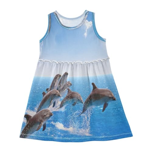 HMZXZ Mädchen Kleider Niedlich Meer Tier Delfin Ärmellos Kleid Sommerkleid Baumwolle Casual Kleid für 2-8 Jahre Ozean von HMZXZ