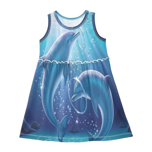 HMZXZ Mädchen Kleider Ozean Delfin Drucken Ärmellos Kleid Sommerkleid Baumwolle Casual Kleid für 2-8 Jahre Meer Tier von HMZXZ