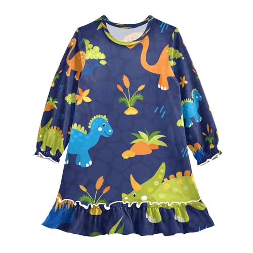 HMZXZ Mädchen Nachthemd Dinosauriers Tropisch Blätter Blumen Langarm Schlafanzug Kleider Nachtwäsche Nightdress Pyjamas Tier Dino,3-10 Jahre von HMZXZ