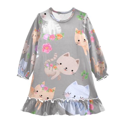 HMZXZ Mädchen Nachthemd Kitty Niedlich Katzes Blumen Langarm Schlafanzug Kleider Nachtwäsche Nightdress Pyjamas Tiere Kitten,3-10 Jahre von HMZXZ
