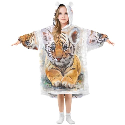 HMZXZ Niedlich Tier Tiger Malerei Kinder Tragbar Decke Kapuzenpullover Übergroß Sweatshirt Blanket Pullover für 3-14 Jahr Jungen Mädchen von HMZXZ
